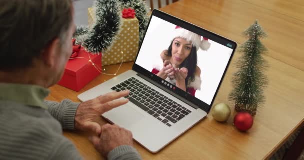 Happy Caucasian Senior Man Video Call Female Friend Christmas Time — Stock Video