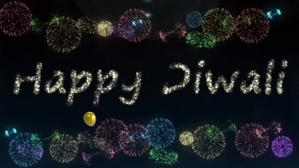 Animation Diwali Heureux Sur Feux Artifice Ballons Sur Fond Noir — Video