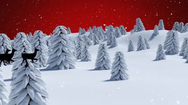 Анімація Снігу Над Деревами Червоному Тлі — стокове відео