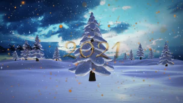 Animation Snow Falling 2021 Text Sledge Raindeer Winter Landscape — Stock Video
