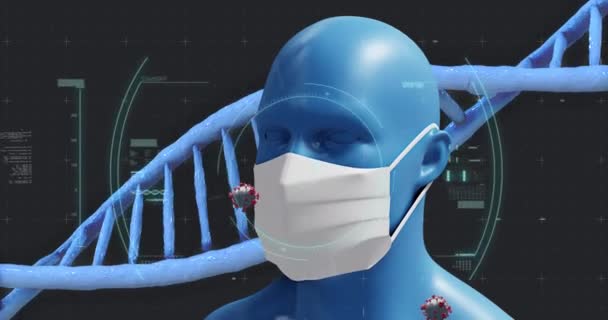 Covid 19細胞で回転するDna鎖のアニメーション 暗い背景に顔マスクを身に着けている人間モデル グローバル医療コロナウイルスパンデミックの概念デジタル的に生成された画像 — ストック動画