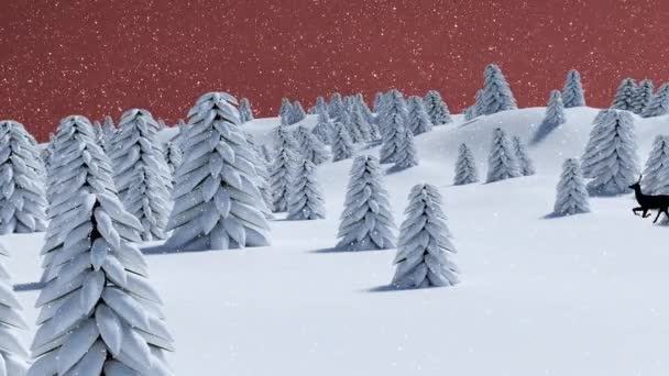 Animation Von Schnee Der Über Bäume Auf Rotem Hintergrund Fällt — Stockvideo