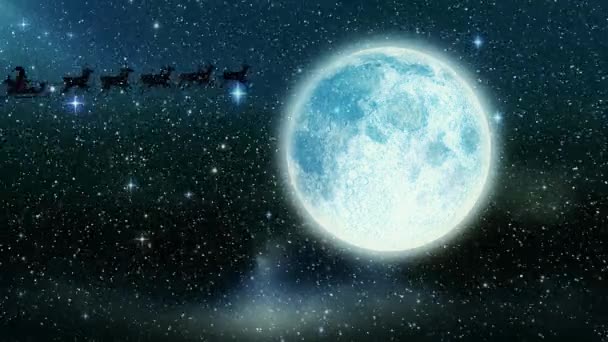 Animation Snow Falling Sledge Raindeer Moon Sky — Stock Video