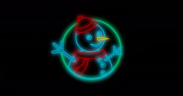 Animazione Neon Natale Pupazzo Neve Cerchio Sfondo Nero Natale Tradizione — Video Stock