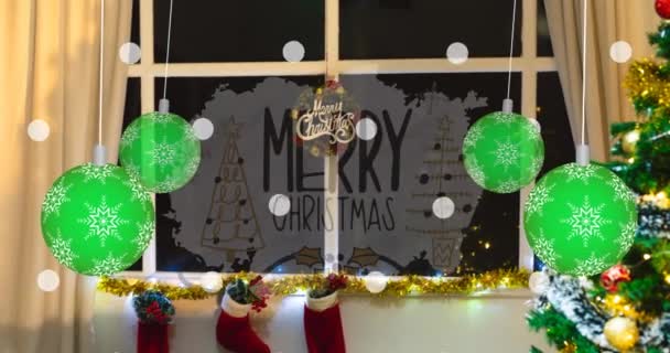Animatie Van Vrolijke Kersttekst Boom Wazige Decoraties Achtergrond Kerstmis Traditie — Stockvideo
