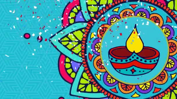 Animação Diwali Feliz Sobre Confete Colorido Mandala Decorativa Fundo Azul — Vídeo de Stock