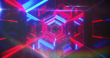 Siyah arkaplanda hareket eden renkli geometrik, soyut kar tanesinin görüntüsü. Noel, kış, gelenek ve kutlama konsepti dijital olarak oluşturulmuş imaj.