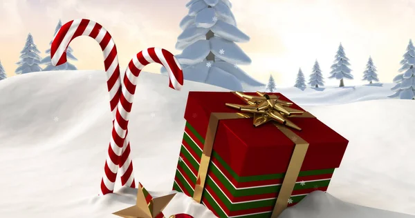 Immagine Finestra Bastoncini Zucchero Presente Sul Paesaggio Invernale Natale Tradizione — Foto Stock