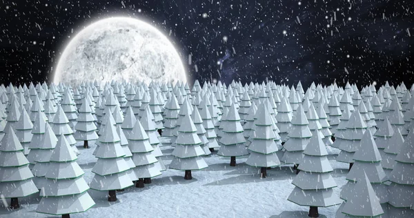 Afbeelding Van Sneeuw Vallen Winter Nacht Landschap Met Dennenbomen Kerstmis — Stockfoto