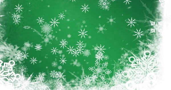 Képek Hópehely Fölött Hulló Hóról Karácsonykor Zöld Háttérrel Karácsony Hagyomány — Stock Fotó