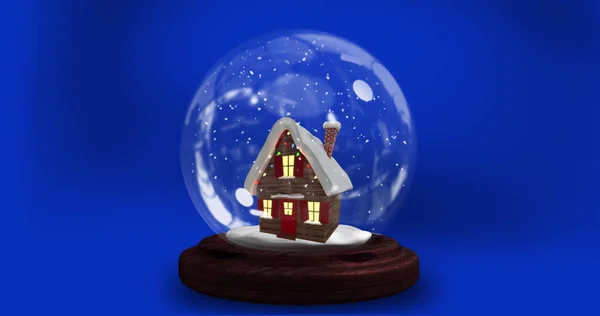 Image Christmas Snow Globe House Blue Background Christmas Winter Tradition — Stock Photo, Image