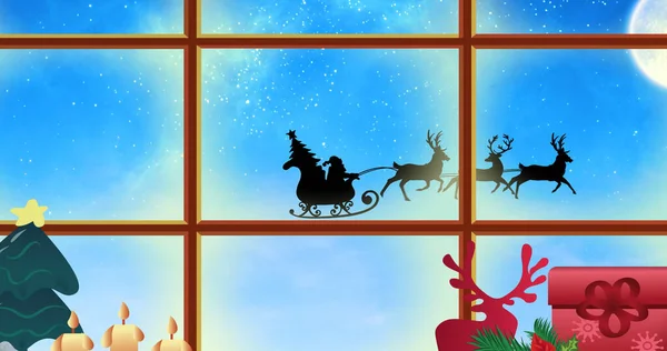 Obraz Świętego Mikołaja Saniach Reniferami Widzianymi Przez Okno Boże Narodzenie — Zdjęcie stockowe