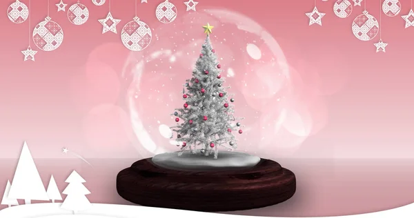 Image Falling Stars Snow Globe Christmas Tree Pink Background Christmas — Stock Photo, Image