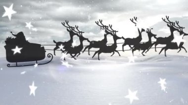 Kış boyunca yağan kar, yıldızlar, kızak ve yağmur geyiklerinin animasyonu