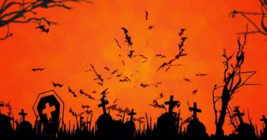 Turuncu arka planda uçan yarasaların ve cadılar bayramı mezarlığının animasyonu. Korku, korku, cadılar bayramı geleneği ve dijital olarak üretilen video konsepti.