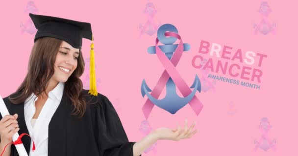 Animation of breast cancer awareness text over smiling caucasian woman wearing graduation gown. breast cancer positive awareness campaign concept digitally generated video.