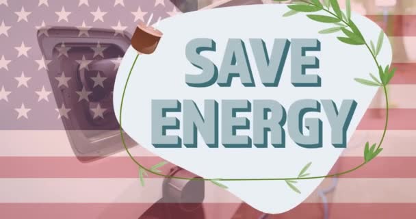 Spara Energi Text Över Flaggan Usa Och Ladda Elbil Evladdningsstation — Stockvideo