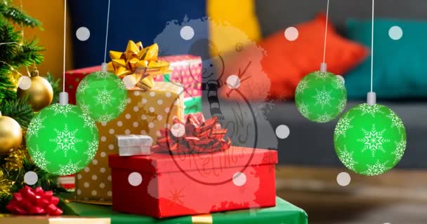 Animación Los Saludos Temporada Texto Navidad Muñeco Nieve Decoraciones Borrosas — Vídeo de stock