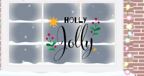 Animation Texte Noël Houx Jollyy Sur Fenêtre Enneigée Hiver Noël — Video