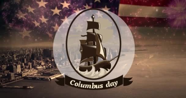 Анімація Вінтажного Корабля Колумбійського Дня Над Прапором Міста Уса Америки — стокове відео