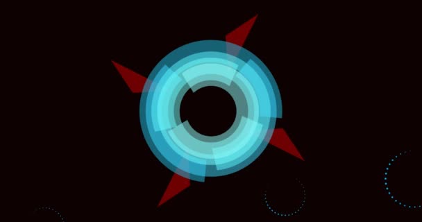 黒の背景に催眠運動で回転する複数の青い円と赤い形のアニメーション グローバルソーシャルメディアネットワークの概念デジタル生成画像 — ストック動画