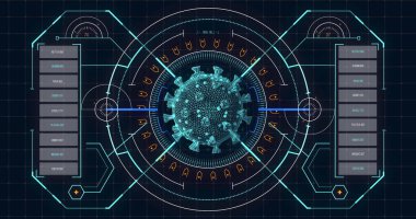 Makro koronavirüs Covid-19 hücresinin görüntüsü tıbbi bilgi kaydı olan bir ekranda analiz edildi. Küresel tıp Coronavirüs Covid 19 salgın konsepti dijital olarak oluşturulmuş görüntü.