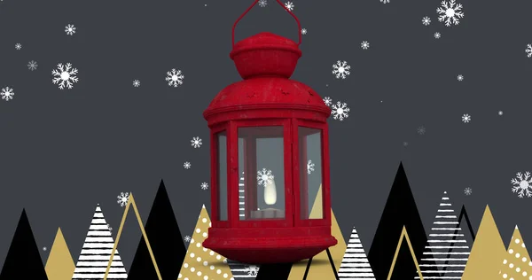 Красная Рождественская Лампа Снежинки Падают Несколько Икон Елки Сером Фоне — стоковое фото