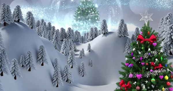 Изображение Рождественской Елки Декорациями Над Снегопадом Зимним Пейзажем Рождество Традиции — стоковое фото