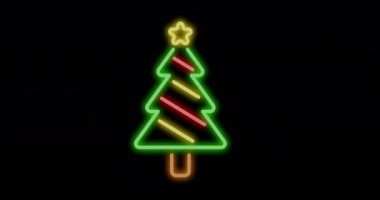 Siyah arka planda neon noel ağacının animasyonu. Noel, gelenek ve kış kutlaması konsepti dijital olarak oluşturuldu.