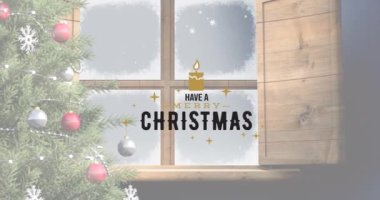 Kış karlı bir pencerede üzerinde yılbaşı ağacı olan mutlu bir noel mesajı. Noel, gelenek ve kutlama konsepti dijital olarak oluşturuldu.
