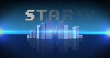 Mavi arkaplandaki şehir manzarası üzerinden beyaz harflerle başlangıç metninin canlandırması. Video oyunu ve iletişim konsepti dijital olarak oluşturuldu.