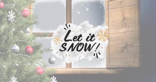 Animace Nechat Sníh Vánoční Text Přes Zimní Zasněžené Okno Vánoční — Stock video