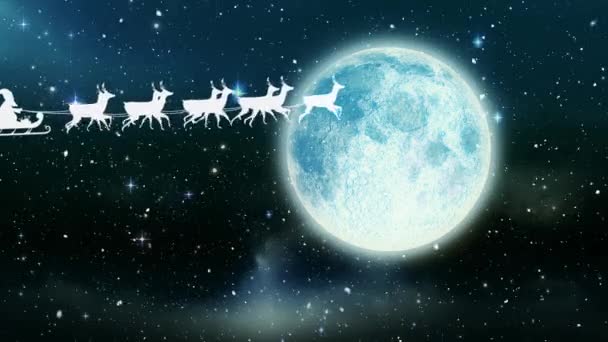 Animation Snow Falling Sledge Raindeer Moon Sky — Stock Video