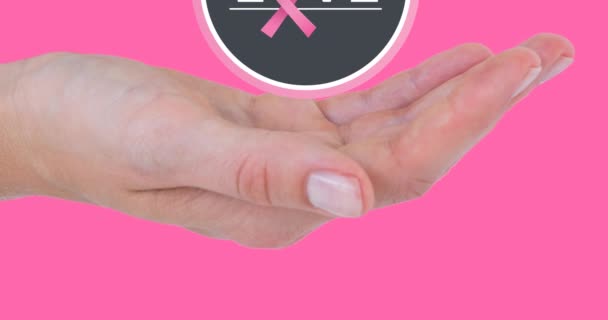 Animation Love Text Pink Ribbon Logo Hands Woman Pink Background — Stock Video