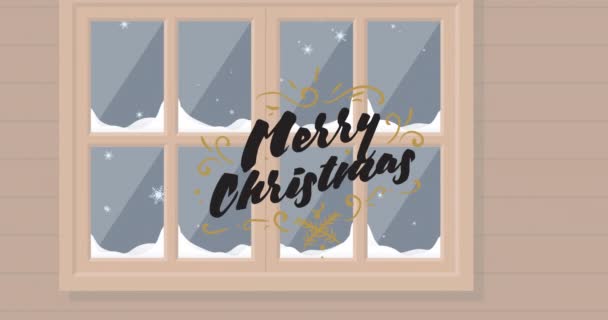 Animation Merry Christmas Text Winter Snowy Window Christmas Tradition Celebration — Stock Video