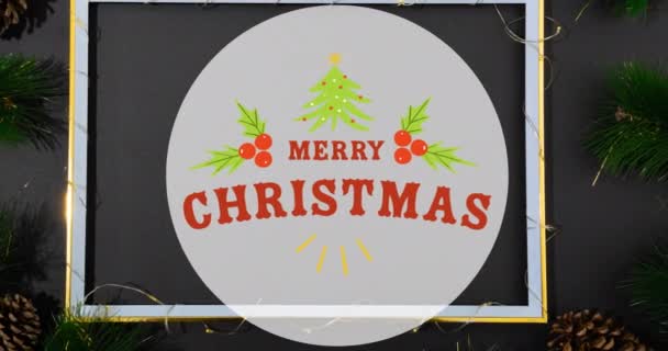 Κινούμενα Σχέδια Χαρούμενα Χριστούγεννα Κύκλο Πάνω Από Χριστουγεννιάτικες Διακοσμήσεις Μαύρο — Αρχείο Βίντεο