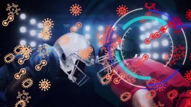 Animatie Van Viruscellen Gegevensverwerking Diverse Mannelijke Rugbyspelers Die Het Stadion — Stockvideo