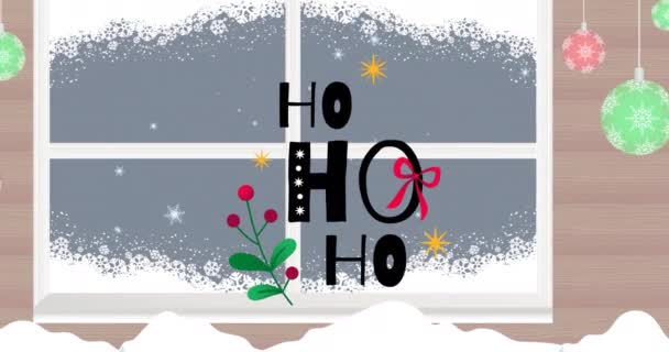 Κινούμενο Σχέδιο Του Χριστούγεννα Κείμενο Πάνω Από Χειμερινό Χιονισμένο Παράθυρο — Αρχείο Βίντεο