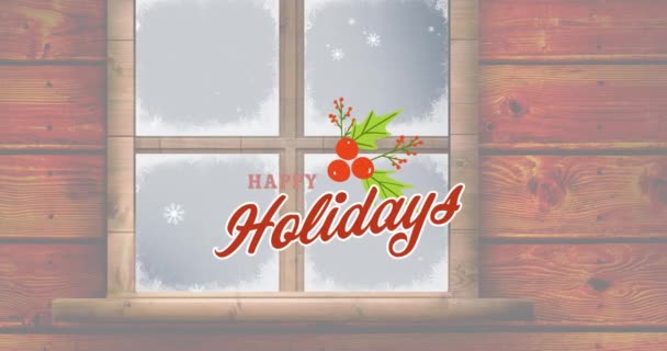 Animation Von Frohen Feiertagen Weihnachtstext Mit Heiligem Über Schneebedecktem Fenster — Stockvideo