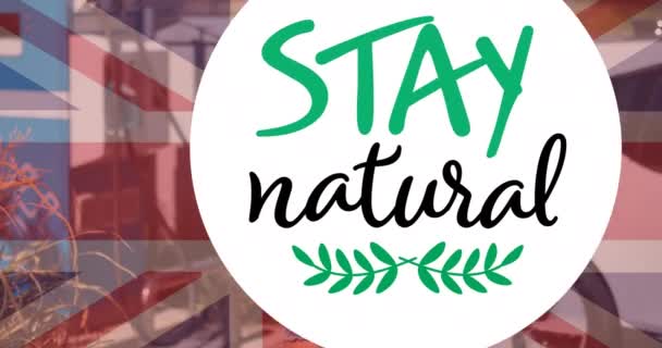 Bleiben Sie Natürlich Text Über Flagge Von Großbritannien Und Laden — Stockvideo