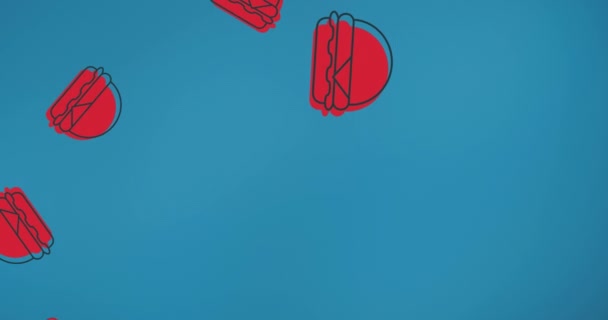Animación Múltiples Hamburguesas Rojas Flotando Sobre Fondo Azul Concepto Comida — Vídeo de stock