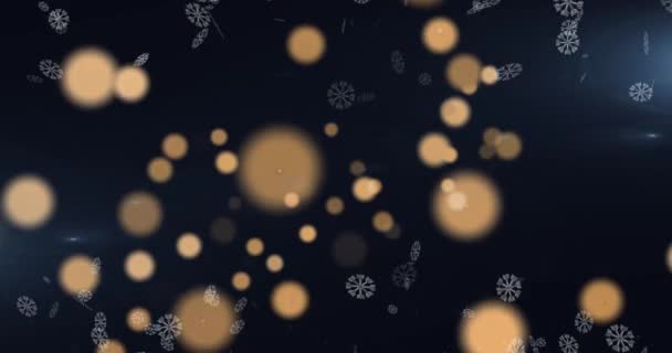Animación Copos Nieve Luces Doradas Sobre Fondo Negro — Vídeo de stock