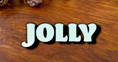 Noel 'de masanın üzerinde neşeli metin kompozisyonu. Noel, kış, gelenek ve kutlama konsepti dijital olarak oluşturulmuş imaj.