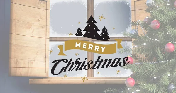 クリスマスツリーとウィンドウ上の陽気なクリスマステキストの構成 クリスマス冬伝統お祝いのコンセプトデジタルで生成されたイメージ — ストック写真