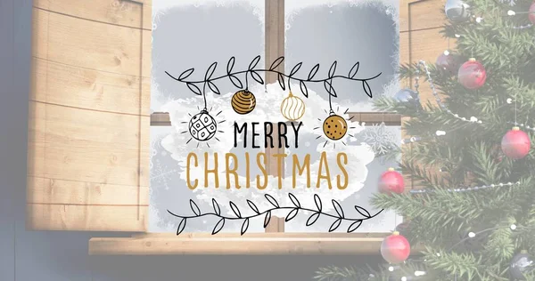 Composición Texto Navidad Feliz Sobre Árbol Navidad Ventana Navidad Invierno —  Fotos de Stock