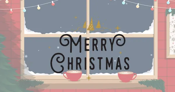 Composición Alegre Texto Navideño Sobre Decoraciones Navideñas Ventanas Navidad Invierno —  Fotos de Stock