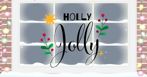 Composizione Holly Jolly Testo Sopra Finestra Natale Natale Inverno Tradizione — Foto Stock