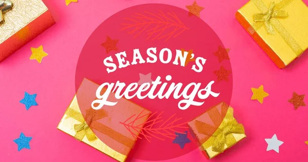 Composition Season Greetings Text Christmas Presents Stars Pink Background Christmas — Stock Photo, Image