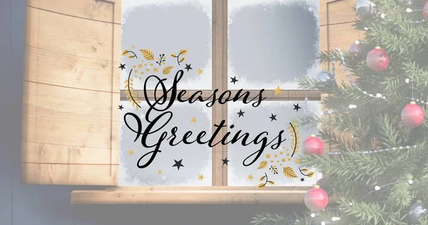Zusammenstellung Des Grußtextes Der Saison Über Weihnachtsbaum Und Fenster Weihnachten — Stockfoto