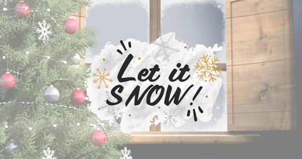 Zusammensetzung Von Schnee Text Über Weihnachtsbäume Und Fenster Lassen Weihnachten — Stockfoto